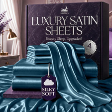 Satin Sheets King Size   4 Piece Luxury Silky Bed Set, Softer than Silk, 15" Dee