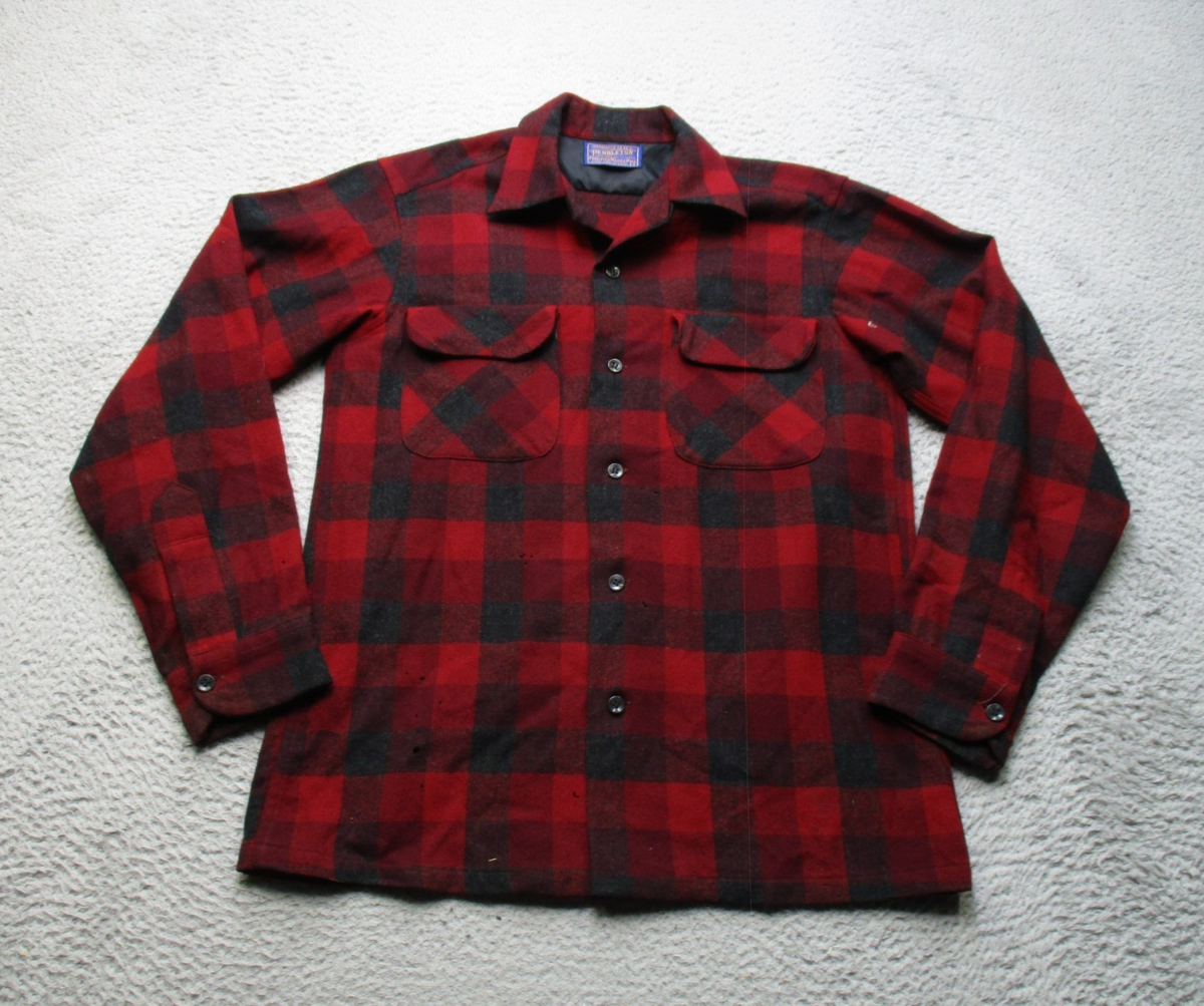Vintage Pendleton Board Shirt Mens S Red Plaid Wool Camp Collar