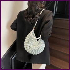 Conch Shell Knit Crochet Crossbody Shoulder Bag,Pearl Chain Handmade Woven Women