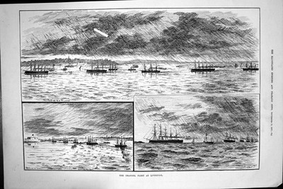 Antiker alter Druck 1887 Kanalflotte Schiffe Liverpool Crosby Kanal Brighton