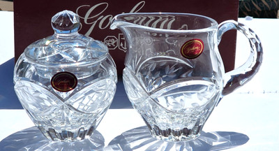 Gorham Crystal Creamer Sugar Bowl Set Hand Cut Lead Crystal Poland Vintage w/ Li