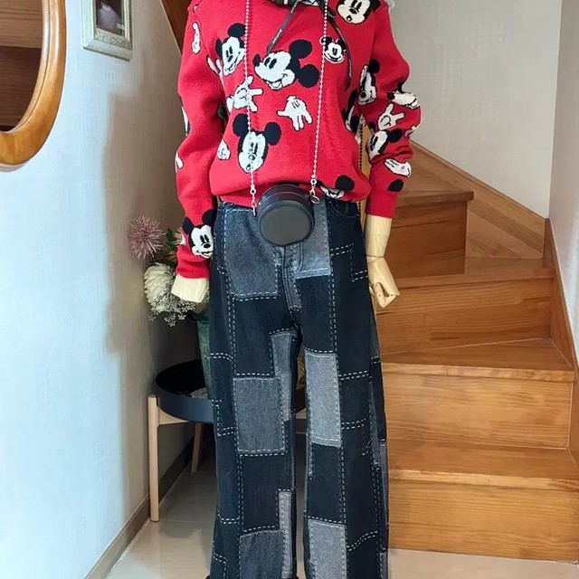 Mickey Mouse Red Knit Sweater & Patch Denim Pants Set