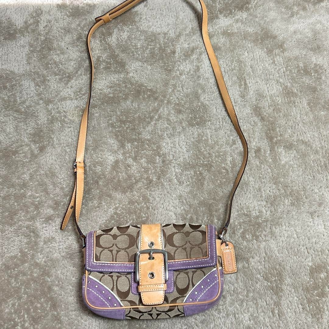 COACH Signature Buckle Soho Shoulder Bag Beige Brown Canvas Suede