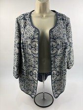 Coldwater Creek Cotton Blend 3/4 sleeve Blue White Open Blazer Jacket 14