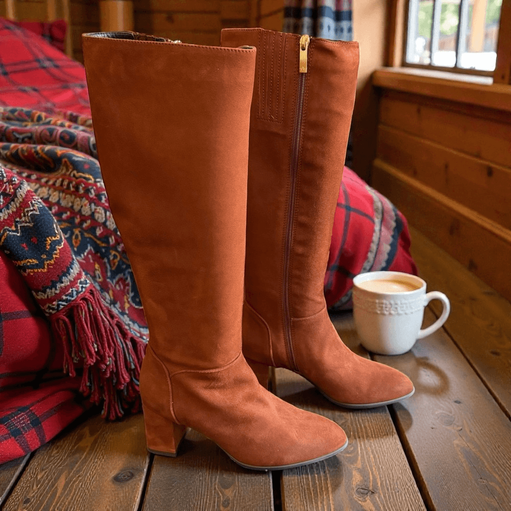 New in Box Aquatalia DEANA Dress Suede Knee High Boots In Ginger Size 8M