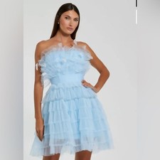 NWT Mac Duggal Feathered Strapless Tulle Fit + Flare Dress Powder Blue - Sz 10