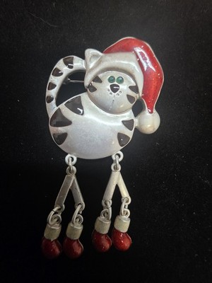 Santa Cat Silver Enamel Modern Christmas Brooch Pin Edgy Modern NIB Avon 3'' Vtg