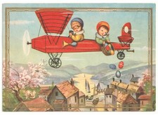 1971 Pasqua cartolina bambini uova colorate aviatori aliante paesaggio