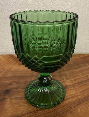 Green Indiana Glass Sawtooth Diamond Point Candy/Goblet Dish 6  Vintage