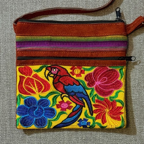 Embroidered Parrot Floral Small Crossbody Bag Women Suede Look Adjustable Strap