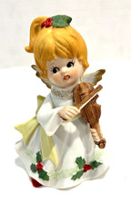 Vintage Ceramic Christmas Angel Playing Violin Flowered Dress 5”