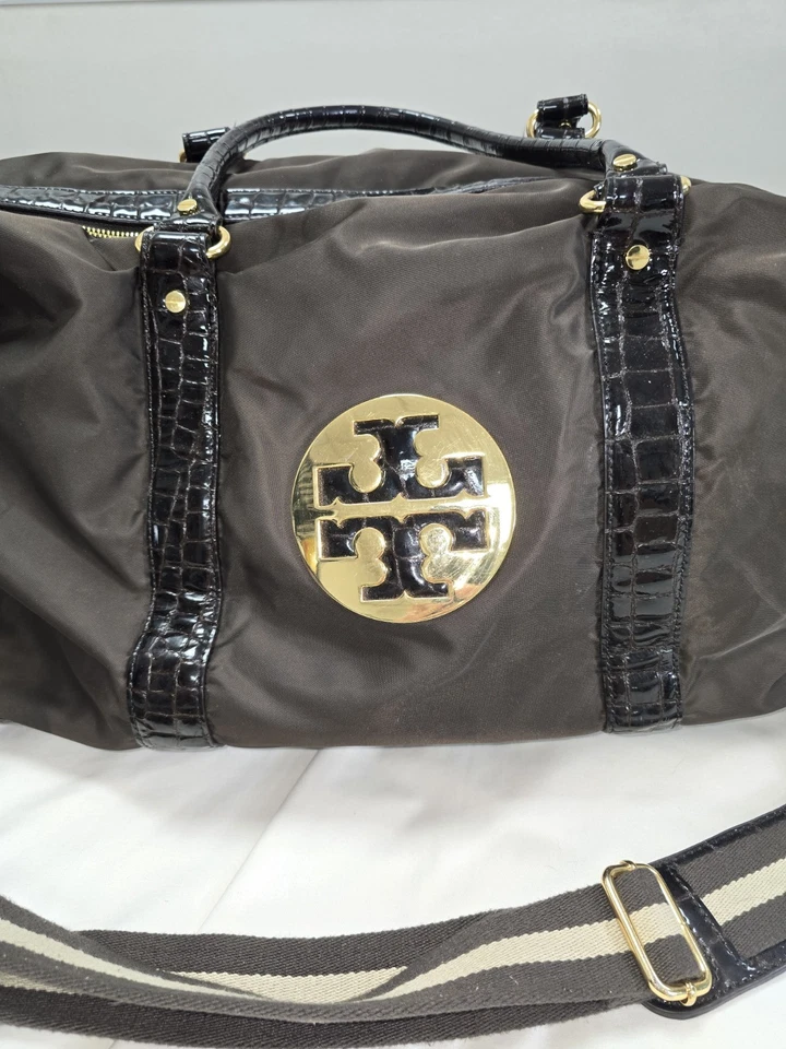 Tory Burch Nylon Croc Weekender Duffel Travel Bag Brown Gold Logo OS - Image 2 of 4