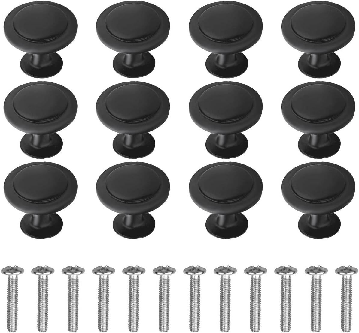 Cabinet Hardware Knobs 12 Pack Black round 1.18 Inch Flat Pulls Knob Screws
