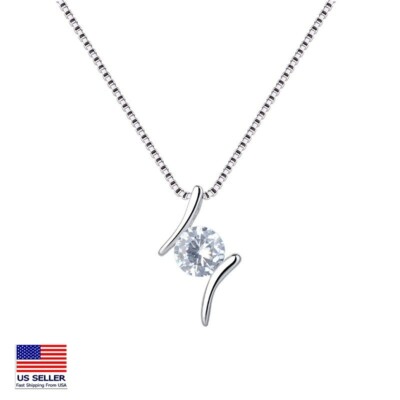 Women 925 Sterling Silver Necklace Crystal Lines Style Simple Classic Pendant
