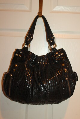 HYPE Soft Black Embossed Croc Leather Drawstring Shoulder Bag Hobo 