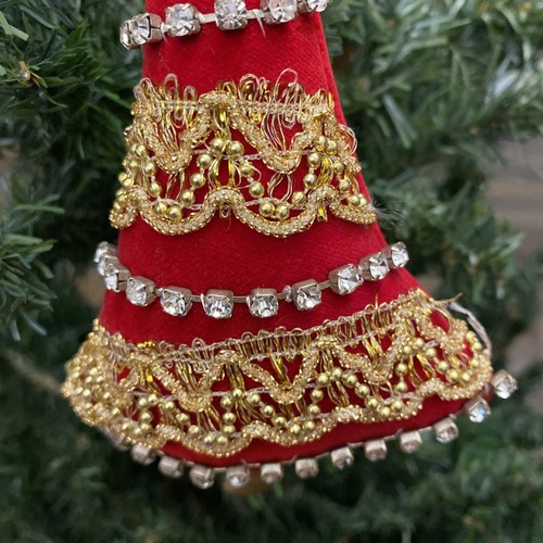 Hollywood Regency Vintage Christmas Ornament Red Gold Velvety Tree Rhinestones - Picture 6 of 9