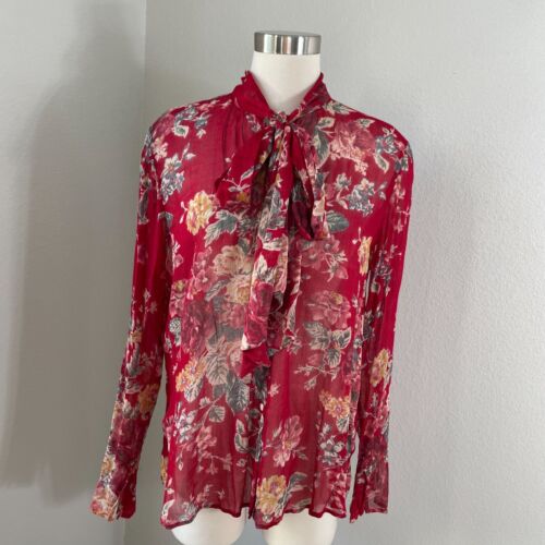 Denim & Supply Ralph Lauren Damen große rote Blumen transparente Bindekragen Bluse Top