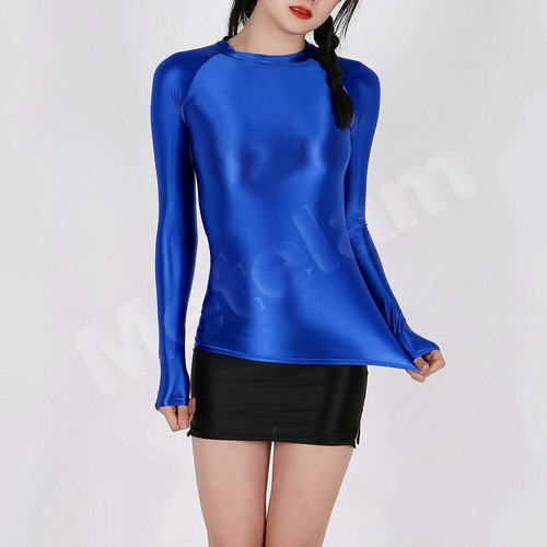 Mujeres Satén Brillante Look Húmedo Yoga Gimnasio Calce Ajustado Camiseta Prendas para el torso Blusa Elastizada Camisas - Imagen 5 de 23