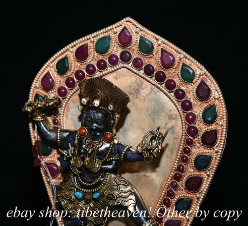 8.4" Old Nepal Silver Gold Gems Lapis Lazuli 4 Arms Mahakala Buddha Sculpture - Picture 10 of 12