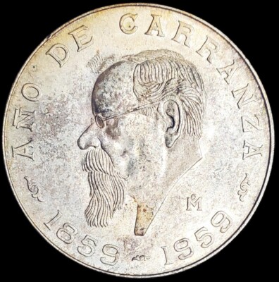 1859 - 1959 MEXICO SILVER COIN - 5 PESOS CARRANZA CENTENNIAL