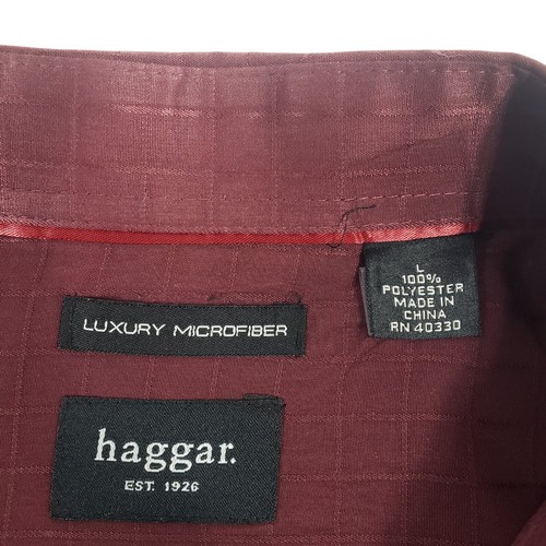 Haggar Casual Shirt Mens Sz L Button Up Short Sleeve Burgundy Check Regular Fit - Picture 9 of 9