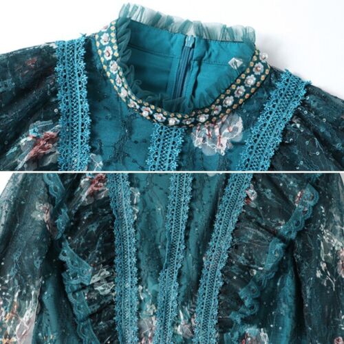 Damen Blumenmuster Kleid Perlen Pailletten Rüschen Netz A-Linie Lang Arm Elegant - Picture 5 of 8