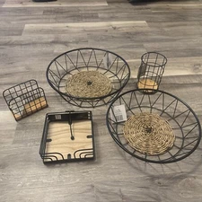 Wood and Black Metal Wire Decorative Trays, Knapkin Holders, Utensil Kitchen