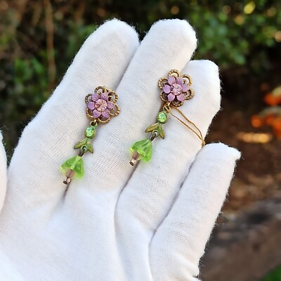 Michal Negrin Floral Romantic Clip On Earrings Purple Green Enamel
