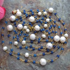 Collar Largo Cadena Chapado en Oro Ágata Azul Perla Keshi Blanco 70"