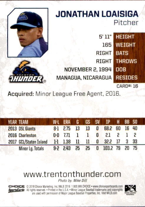 2018 Trenton Thunder Choice 16 Jonathan Loaisiga Managua Nicaragua Baseball Card - Image 2 of 2
