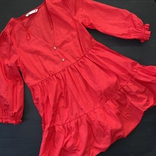 NWOT Zara S DRESS RED SHORT RUFFLED SILVER crystallized BUTTONS Rhinestone Coral