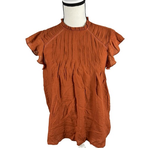 NWT Nanette Lepore Top Gingerbread Pintuck S Flutter Cap Sleeve Trendy Fall Rust - Picture 3 of 15