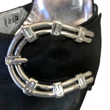 Donald Pliner Shoe Slide Black Satin Mule Silver Metal Buckle Rhinestones 250