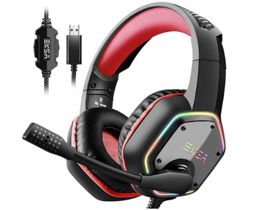 EKSA E1000 Gaming Headset Red, Computer Headphones w/ Noise Canceling Mic & RGB