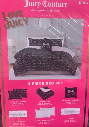 Juicy Couture Black/Pink Bows & Logos 8pc KING Set Comforter,Shams,Sheets,Pillow - Picture 5 of 7
