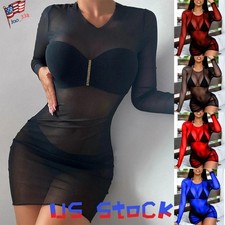 Women Mesh See-through Bodycon Dress Ladies Bikini Beach Cover Slim Long Tops