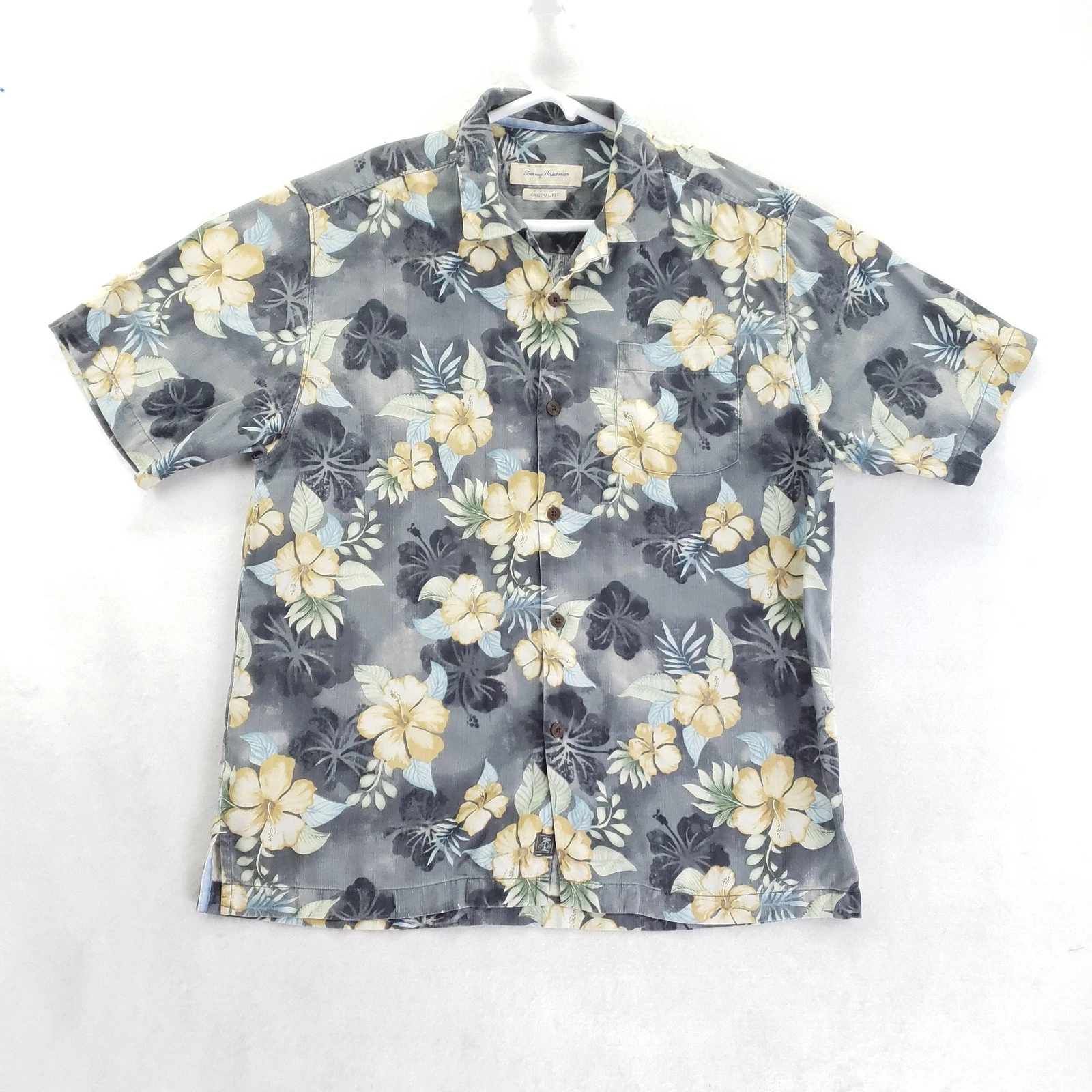 Tommy Bahama Shirt Mens Large Gray Floral Hawaiian Short Sleeve 100% Silk Casual