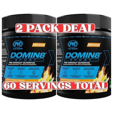 PVL Domin8 Sport Pre-Workout 2-Pack 225g Peach Mango Punch 60 Servings Energy