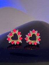Heart Shaped 10 K Solid Gold Stud Earrings w Stunning Ruby Gemstones.