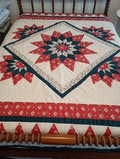 Vtg Red And Teal Star Pattern Queen Quilt