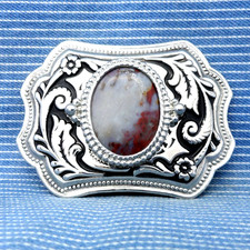 Cowboys Western Scroll Belt Buckle Cowgirl Great Moss Agate Mount Vtg 80s.CPA693