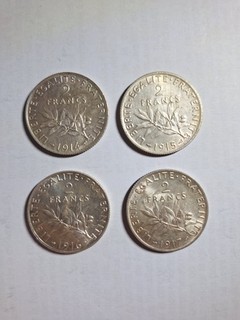 Lot de 4 pièces de 2 Francs Semeuse en Argent SPL 1914 à 1917