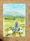 ACEO Original Countryside Sheep Farmer Watercolor Painting Signed Art Card. New!