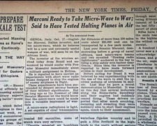 DEATH RAY BEAM Invention ? for Military Use by Guglielmo Marconi 1935 Newspaper 