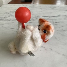 Vintage Japan Wind-Up Playful Pussy White Cat with Tin Ball Toy Works Great