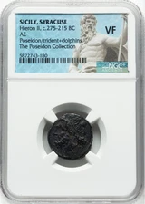 Sicily, Syracuse 275-215 BC AE Hieron II NGC VF Poseidon, Trident & Dolphins