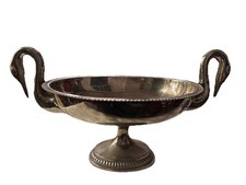 Double Swan Handle Decorative  Silver Later Bowl  On Pedestal Post-1940