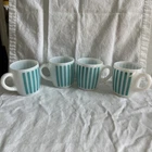 Vintage Hazel Atlas Turquoise Candy Striped White Milk Glass Mugs MCM Set of 4