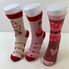 Valentines Day Love-Themed Womens Crew Socks 3 Pair Set Pink Red Hearts Cute