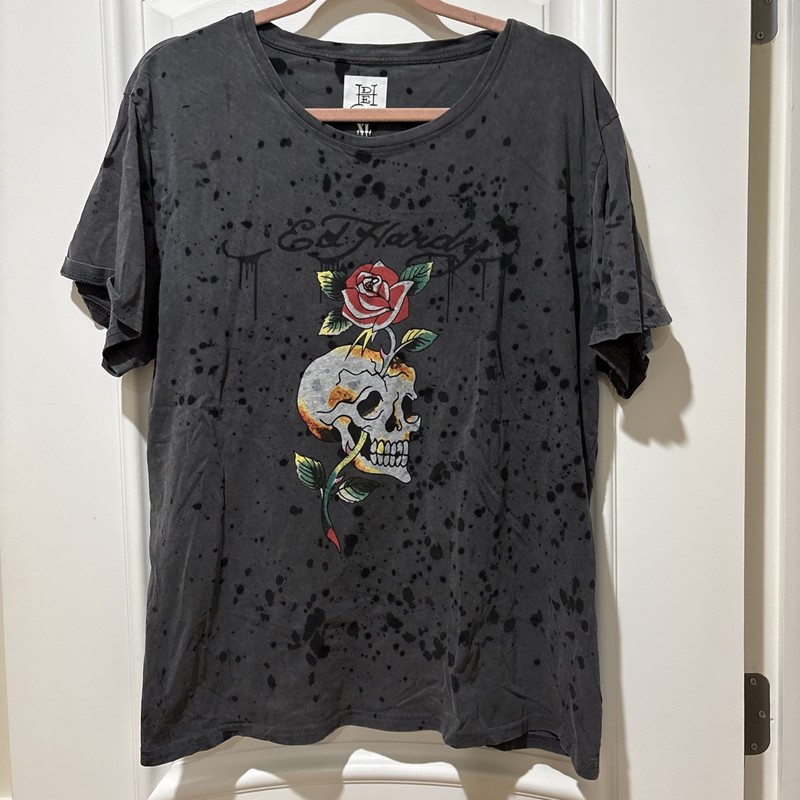 VTG Ed Hardy Men's XL Short Sleeve Skull Red Rose  Gray Graphic Tee T-Shirt